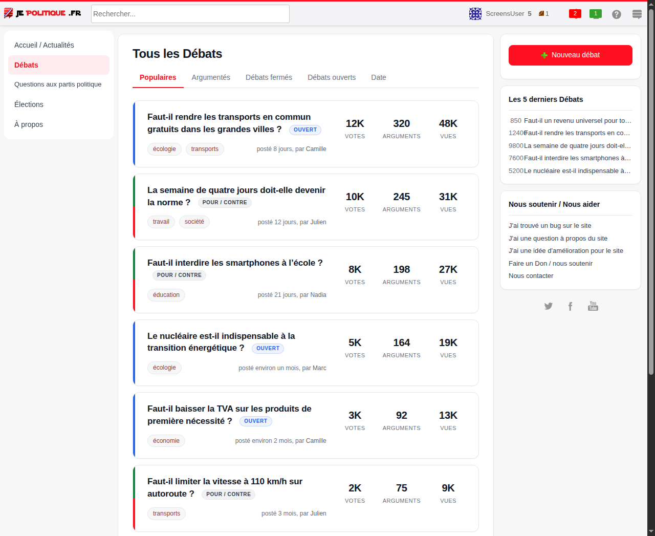 La liste des débats dans le nouveau design